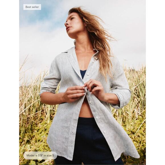 Quince Button-Up Shirt Women's Size Small Blue/White Striped Long Sleeves Linen - Picture 3 of 12